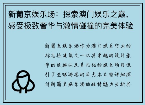 新葡京娱乐场：探索澳门娱乐之巅，感受极致奢华与激情碰撞的完美体验